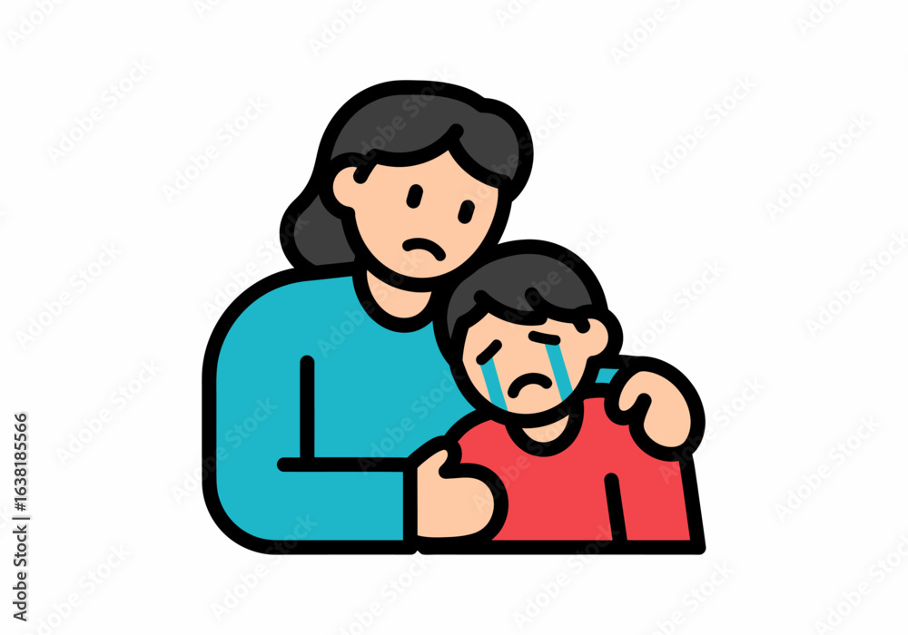 Flat illustration mother comforting crying sad child Flat illustration mother comforting crying sad child