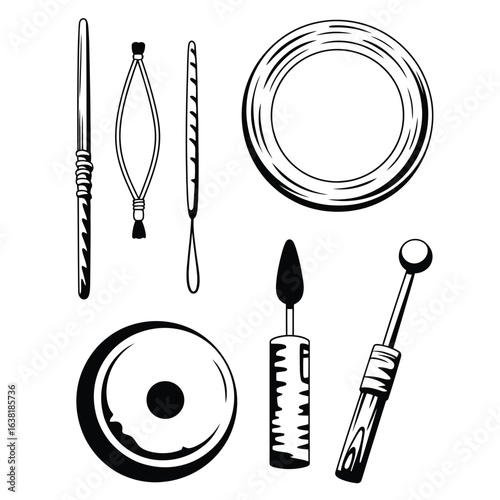 Black and white vector set of Sami shamanic drum toolkit featuring reindeer hide, wooden ring, tuning string, drum beater, and carving pen