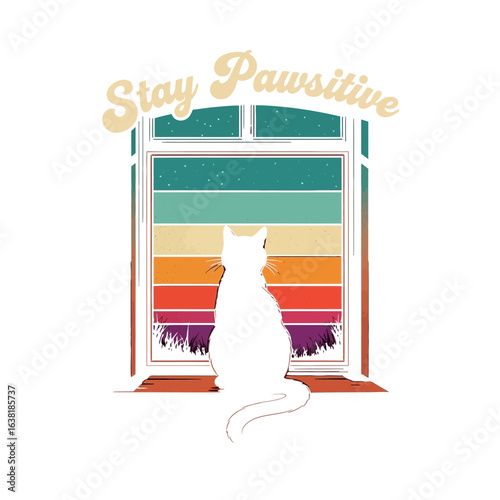 Black cat silhouette sitting on a windowsill looking out at a retro sunset sky with text