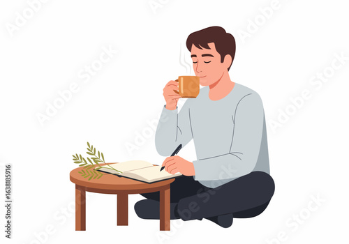 Vector illustration man drinking coffee writing journal