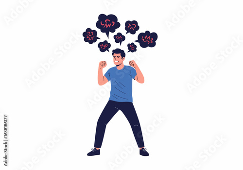 Flat vector illustration man with angry thought bubbles