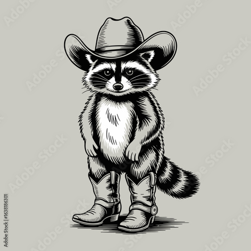 A Raccoon Wearing a Cowboy Hat and Boots in a Vintage Style western animal
