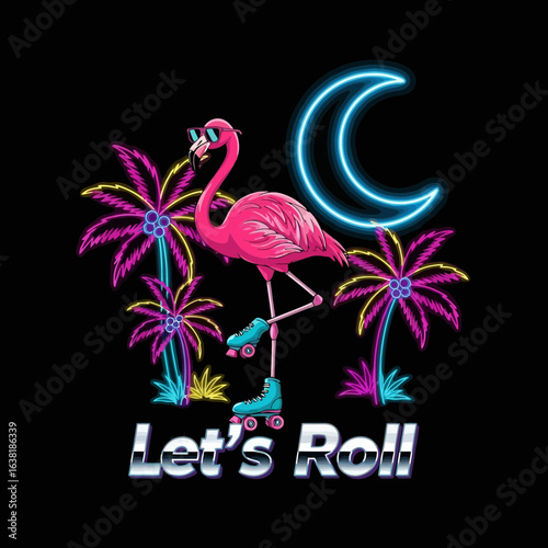 Pink Flamingo Wearing Sunglasses Roller Skating Under a Neon Crescent Moon with Palm Trees and Text Let's Roll