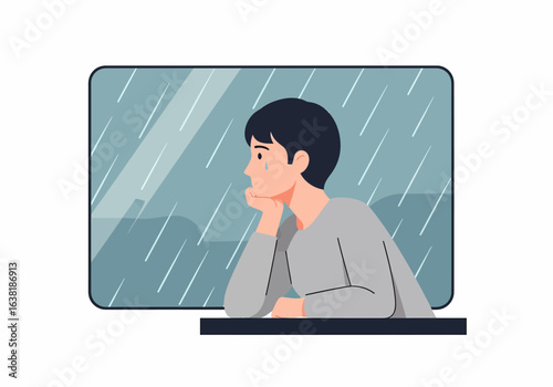 Flat illustration young man looking out rainy window indoors
