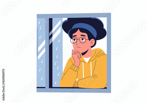 Flat illustration person looking out rainy window thoughtful