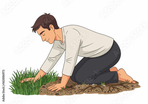 Flat illustration young man planting grass in garden soil