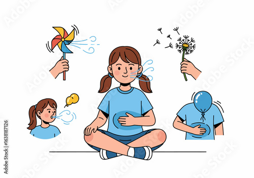 Flat vector illustration of girl practicing deep breathing and mindfulness exercises