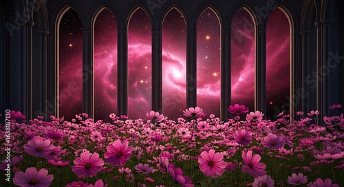 Photo of field of pink cosmos flowers under a gothic archway to a cosmic galaxy
