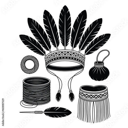 Traditional Amazonian feather headdress set with large feathers, bead pouch, thread, knotting tool and base band illustration