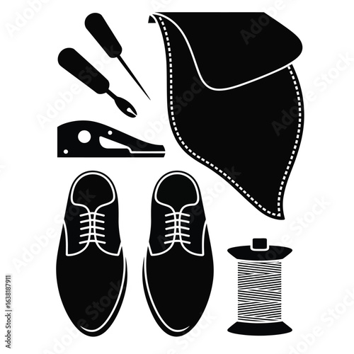 Traditional shoemaking tools with leather sheet, sole cutter, stitching awl, shoe mold, and thread spool black and white vector