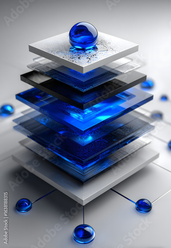 Futuristic 3D rendering of layered blue and black digital panels with a glossy blue sphere on top, symbolizing advanced technology and data networks
