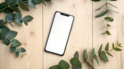 A black smartphone with a blank white screen is neatly placed on a wooden table, surrounded by vibrant green eucalyptus leaves.