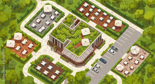 Stylish restaurant layout design with rooftop garden offers serene dining and appealing curb appeal for customers