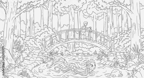A magical encounter on an old footbridge, where a traveler meets a mythical mermaid in a serene forest stream coloring book illustration.
