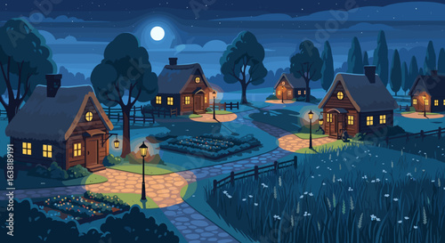 Charming village scene under a vibrant moonlit sky, cozy cottages glowing with warmth and tranquility