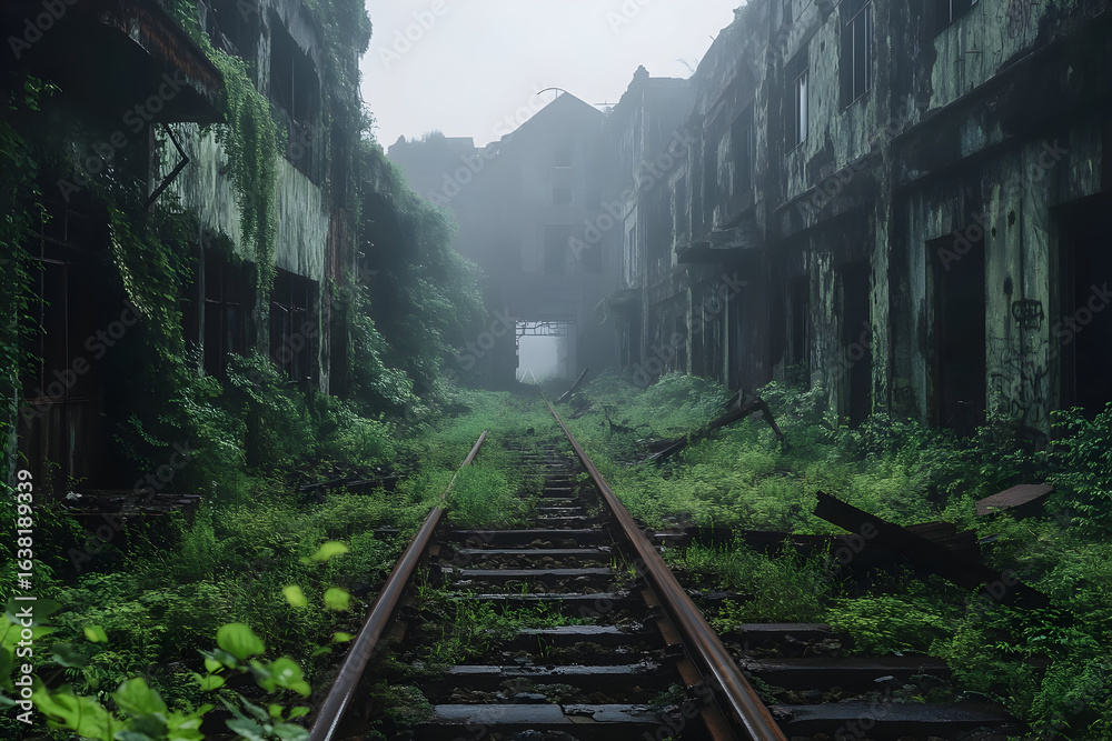 Fototapeta premium Cinematic urban decay scene of a fog-covered railway amidst overgrown vegetation