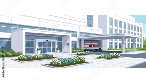 Modern hospital exterior with ambulance, promising healing and hope for patients in need of critical care