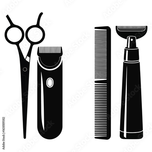 Barbering tools silhouette featuring scissors clippers comb and razor