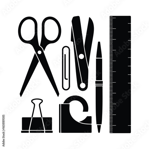 Black silhouette of essential office and school supplies