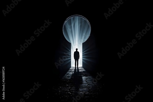 A man standing near an open door through which bright rays of light stream in.