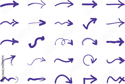 Assorted Hand Drawn Arrow Collection in Purple Ink Unique Variations for Design Projects and Visual Communication Purposes Diverse Styles