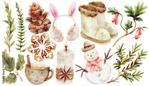 Watercolor Winter Clip Art Set Hand Painted Snowman Mug Candle Boots Gingerbread Pinecone Leaves Hot Chocolate Cozy Holiday Illustration