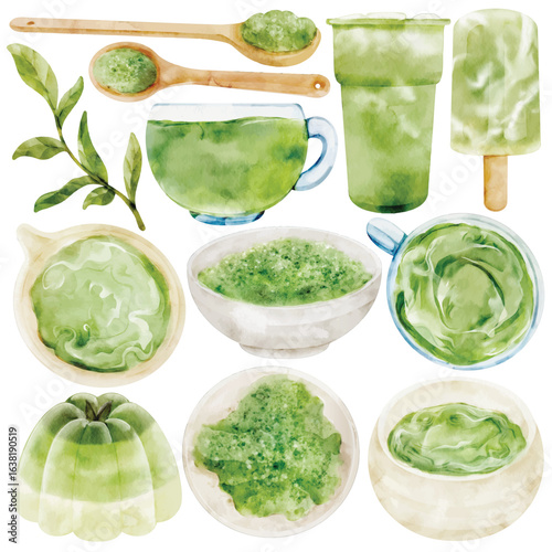 Watercolor Matcha Clip Art Set Hand Painted Green Tea Powder Cup Ice Cream Jelly Leaf Dessert Spoon Bowl Drink Japanese Food Illustration