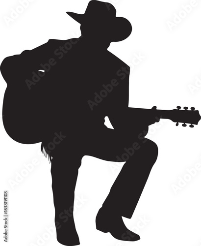 Black Silhouette of a Cowboy Seated on a Log Playing Guitar Isolated on White Background