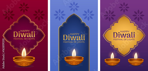 Set of vertical vector banners for Diwali festival with traditional oil lamps, ornaments and bright backgrounds.
