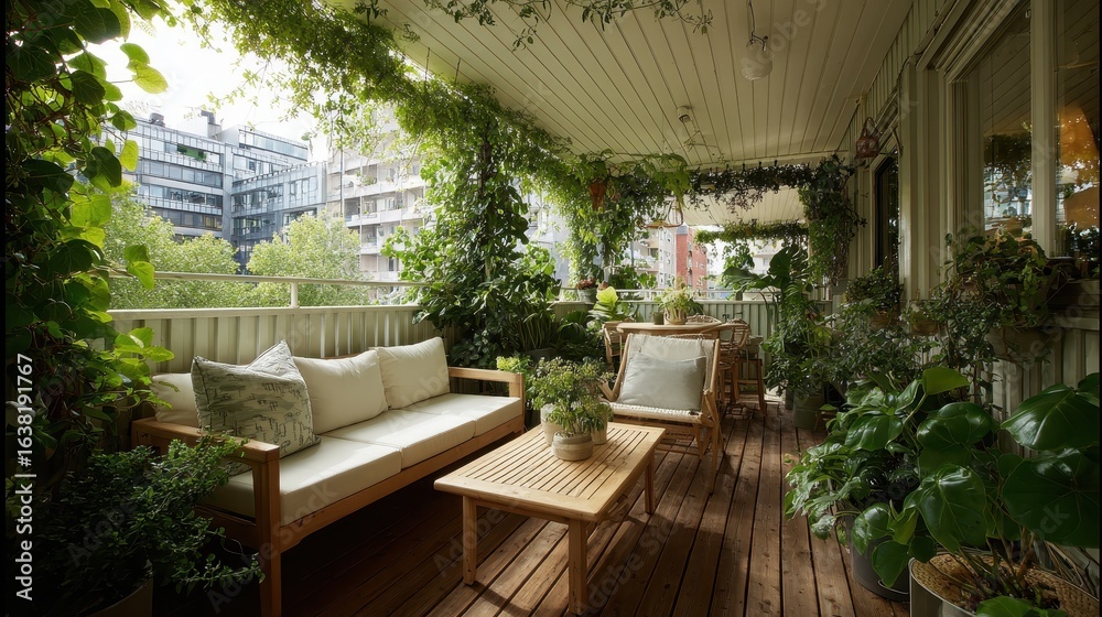 Fototapeta premium Cozy balcony with lots of plants and wooden furniture, city building in the background. Perfect for showing urban gardening, relaxation, and bringing nature home.