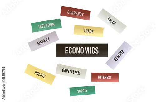 Economics Word Collage PNG – Paper Cutout Style for Finance and Markets