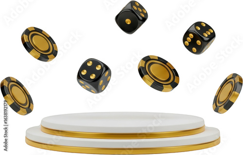 Black and gold casino dice and chips levitate above a white podium isolate gambling game chance luck