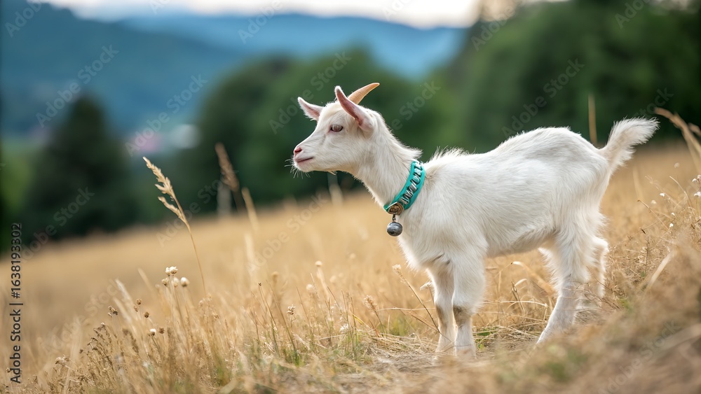 A young white goat with a blue collar and bell stands looking left in a wide sunlit golden field of dry grass. A young white goat with a blue collar and bell stands looking left in a wide sunlit golden field of dry grass.