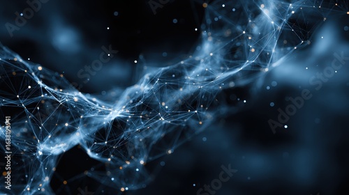 Abstract network of blue lines, dots, and connections on dark background. Ideal for data science, technology, or complex systems visualizations.