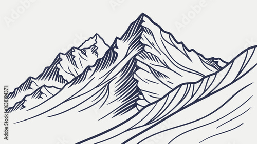 A handdrawn mountain range illustration showcasing the rugged peaks and snowy slopes, capturing the essence of alpine wilderness