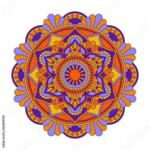Vector mandala isolated on white background. Ornament card with mandala on blue and orange colors. Oriental pattern, vintage decorative element for design