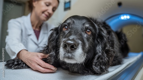 Black dog is examined by a veterinarian for diagnostics on the CT scanner. Showcase pet healthcare, veterinary medicine, and pet owner love.