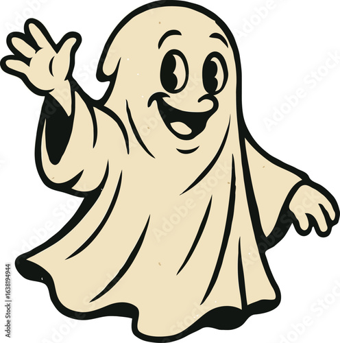 A welcoming ghost character in a classic retro cartoon illustration style, happily waving a friendly greeting. This adorable apparition makes a great mascot for spooky and fun events.