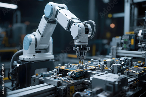 Robotic arm assembling components in high-tech factory