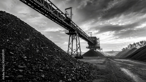 Conveyor system over massive black coal pile in outdoor stockyard with strong industrial vibe