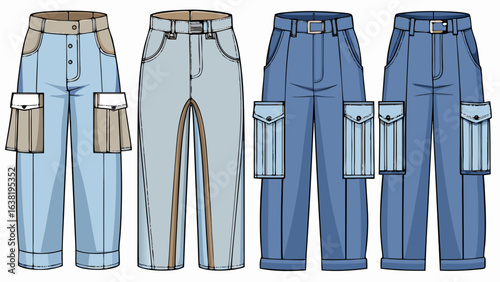 Very beautiful Set of Pants and shorts technical fashion illustration with low normal waist, high rise, mini midi maxi length, pockets. Flat trousers apparel template front, back, grey color. Women, m