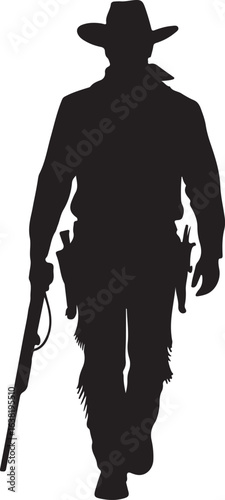 Black Silhouette of a Cowboy Walking Holding a Rifle at His Side Isolated on White Background