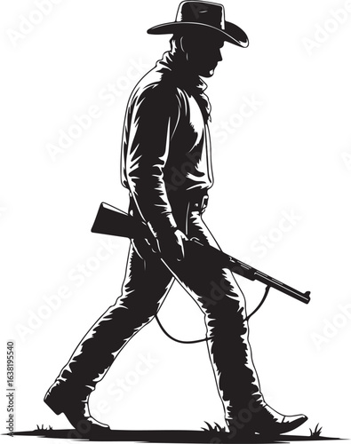 Black Silhouette of a Cowboy Walking Holding a Rifle at His Side Isolated on White Background