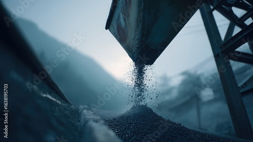 Dusty coal chute from moving conveyor pours material in industrial mining landscape