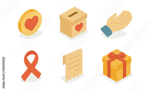 Isometric charity and donation icons set with heart and ribbon symbols