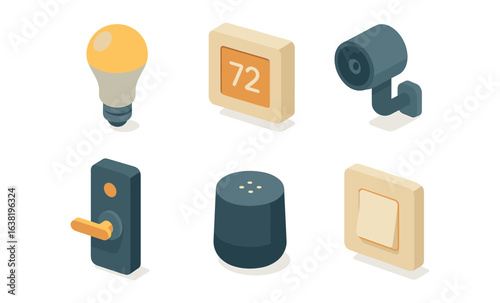 Isometric smart home devices: light bulb, thermostat, security camera, and more