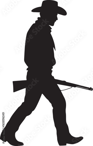 Black Silhouette of a Cowboy Walking Holding a Rifle at His Side Isolated on White Background