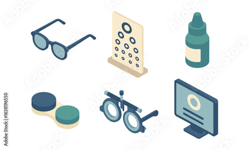 Isometric optometry icon set featuring glasses, eye chart, contact lenses, eye drops, and testing equipment