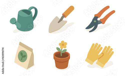 Isometric gardening tools and supplies: watering can, trowel, and more