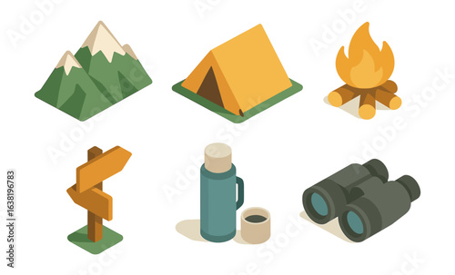 Isometric camping icons: tent, mountains, campfire, gear, and binoculars